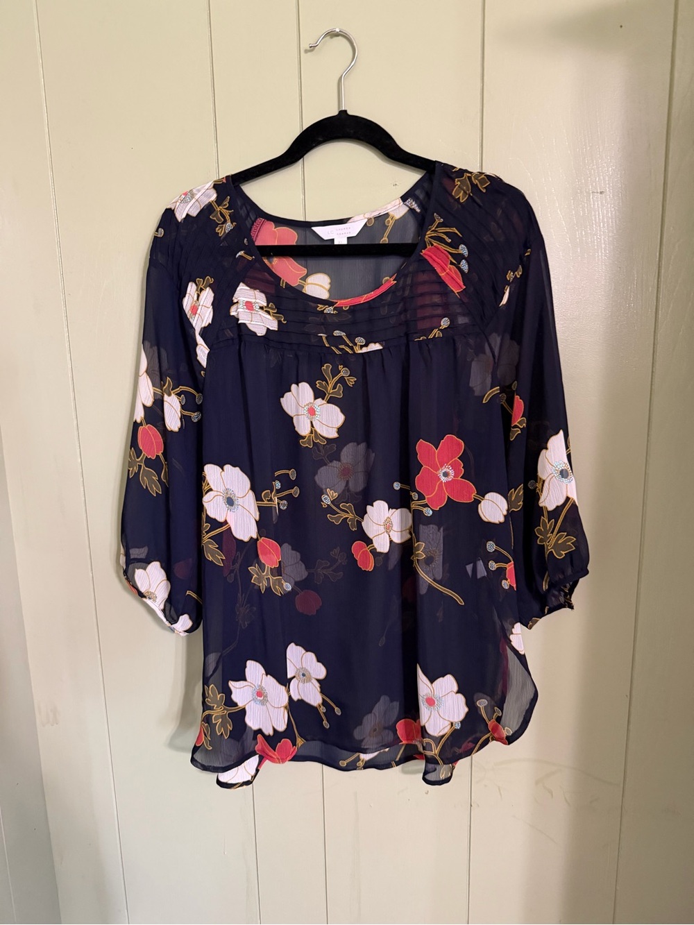 Lauren Conrad Floral Sheer Navy Blouse with Split Neck